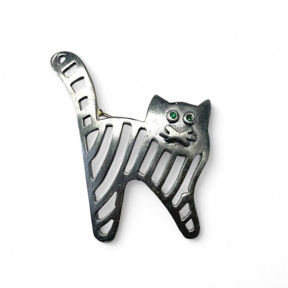 Vintage Pewter Ultra Craft Cat Brooch With Green Eyes And Abstract Cutout Design - Picture 1 of 6